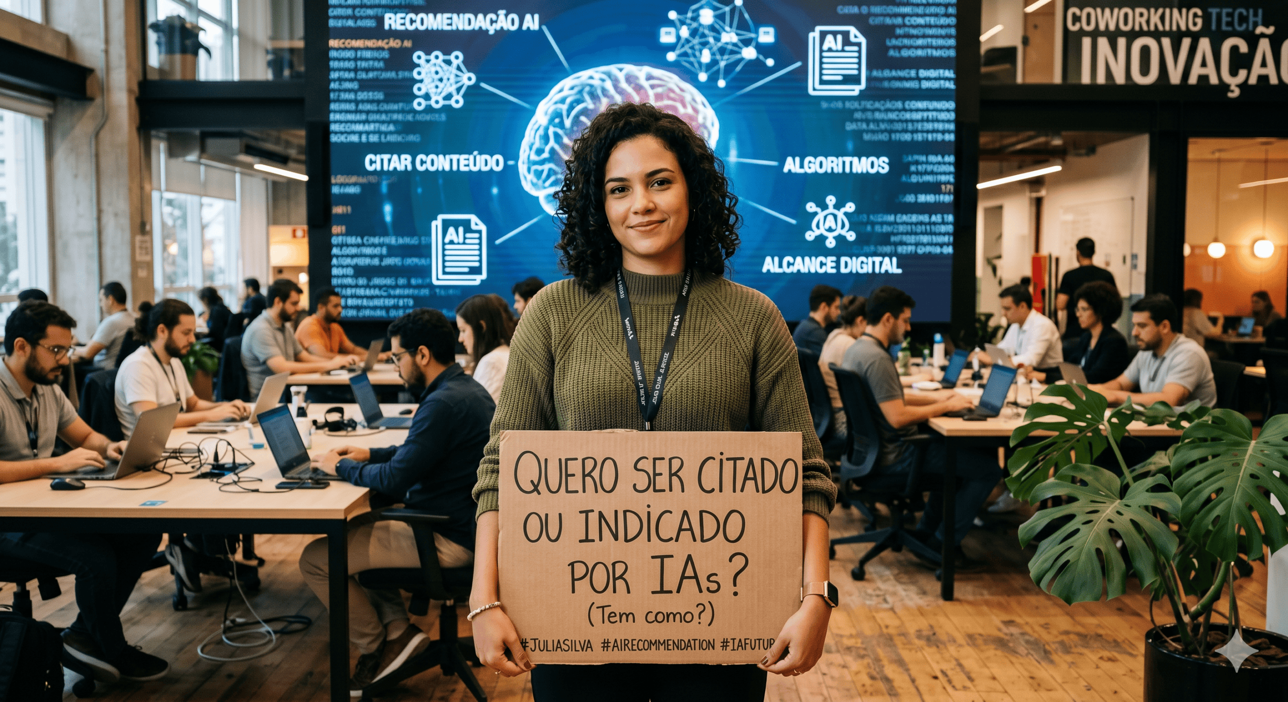Empresária segurando placa com a pergunta sobre ser citada ou indicada por inteligências artificiais